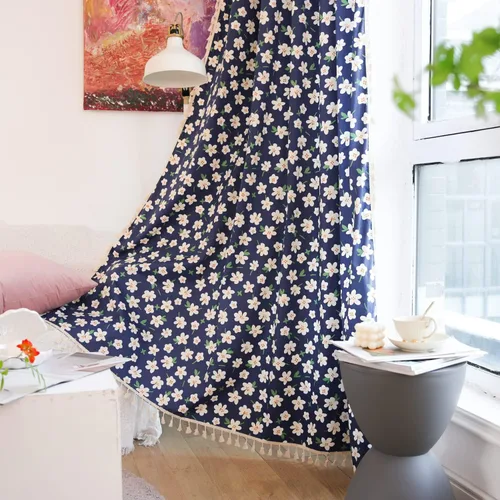 Miniatura 65 de Deeprove Cortinas bohemias para dormitorio, rayas huecas de ganchillo crema y estampado floral, tela de lino de algodón, con borlas beige bohemias