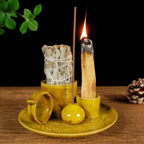 Miniatura 13 de MOUGIGI Quemador/Soporte de Palo Santo de Cerámica 5 en 1 Azul - Pequeño Portavelas y Bandeja/Cuenco para Quemar Sahumerios, Compatible con Plato