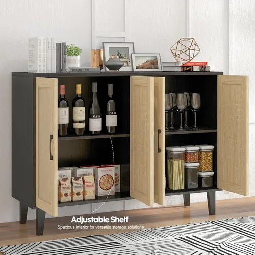 Miniatura 4 de Panana Armario de almacenamiento de buffet con decoración de ratán 4 puertas, aparador de cocina para sala de estar, 48.43 x 34.65 x 15 pulgadas