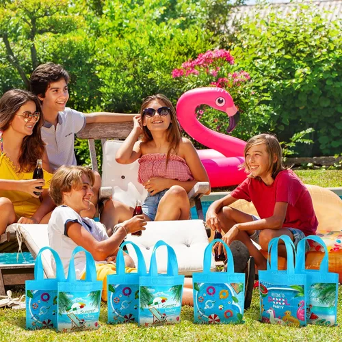 Miniatura 4 de Sweetude 36 bolsas de recuerdo de fiesta en la piscina, 4 diseños de bolsas de regalo de verano con asas, regalo de playa no tejidas para piscina