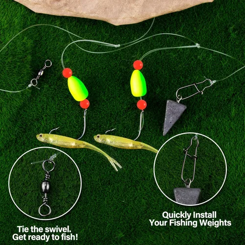 Miniatura 6 de Alwonder Paquete de 5 aparejos de pesca Pompano con flotadores Snell, aparejo giratorio de cebo vivo de agua salada, broches de presión de doble
