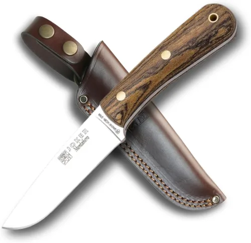 Joker Mountaineer CB134 cuchillo de caza, hoja Sandvik 14C28N de 4.3 pulgadas, funda de cuero marrón, herramienta de pesca, caza, camping y Lienzo