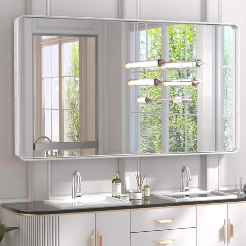 Miniatura 45 de TETOTE Espejo de marco dorado cepillado de 16 x 24 pulgadas, espejo de tocador de baño de latón dorado para pared, espejo enmarcado rectangular