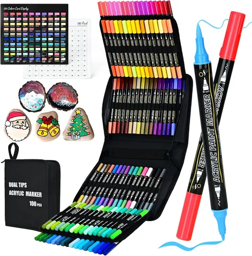 Miniatura 10 de IVSUN Bolígrafos de Pintura Acrílica, 100 Colores Marcadores de Pintura de Doble Punta con Punta Fina y Punta de Pincel para Piedra, Madera, Lienzo