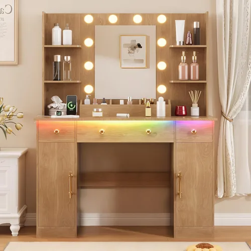 Miniatura 20 de HUANLEGO Escritorio de tocador con espejo y luces, tocador de maquillaje con espejo y luces LED y toma de corriente, 3 cajones y armarios, 3 modos