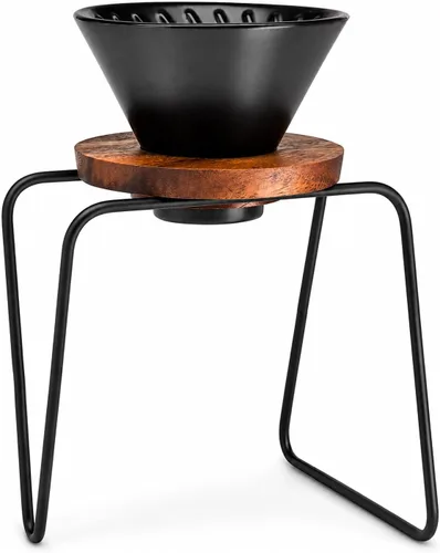 ChefWave Artisan Series - Juego de cafetera con cono de cerámica, anillo de madera y soporte de acero inoxidable, 1-2 tazas de tamaño personal,