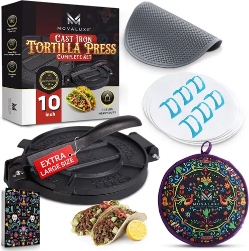 Movaluxe® Prensa de tortilla de hierro fundido de 10 pulgadas XL - Máquina para hacer maíz y harina Roti Prensador de tortillera resistente. Con