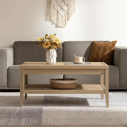 Miniatura 6 de SICOTAS - Mesa de café de ratán para sala de estar - Mesa central de comedor rectangular de estilo bohemio con estante de almacenamiento de ratán