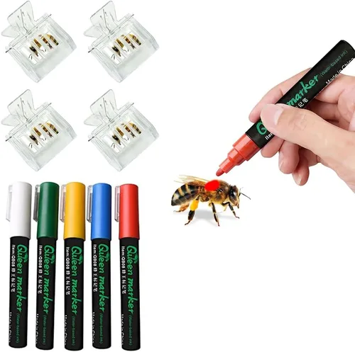 Queen Bee - Kit de marcado de 5 colores estándar con 4 clips de plástico transparente Queen Catcher, abeja reina suave y segura para principiantes