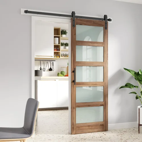 Miniatura 17 de FREDBECK Puerta de granero de vidrio de 32 x 84 pulgadas con kit de herrajes para puerta de granero de 5.5 pies y asa incluida, 5 paneles de vidrio
