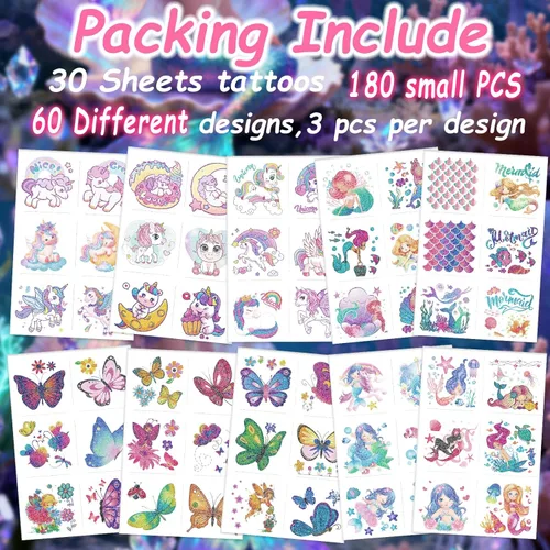 Miniatura 3 de Tatuajes temporales con purpurina para niñas, 180 hojas individuales de sirena, mariposa, unicornio, calcomanías de tatuaje para niños, tatuajes