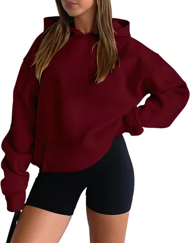 Miniatura 81 de onlypuff Sudadera casual con capucha para mujer, de manga larga, con bolsillo de canguro, hombro caído