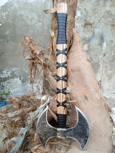 Miniatura 2 de Hacha vikinga de doble cabeza forjada a mano – Hacha de batalla de acero al carbono Odin de 27 pulgadas con mango de madera envuelto en cuero