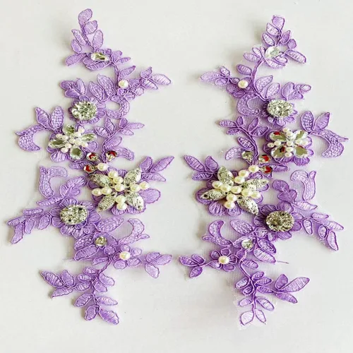 Miniatura 24 de Parches de tela de encaje fino bordados con diamantes de imitación bordados, decoración de vestido para coser en lentejuelas cuentas, accesorio