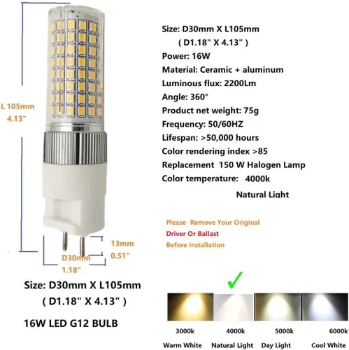 Miniatura 6 de G12 - Bombilla LED de cerámica de maíz de 16 W, bombilla LED G12 de 4000 K, equivalente a blanco natural, lámpara de incienso de 200 W, bombilla