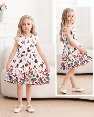 Miniatura 2 de Goodstoworld Vestido de verano para niña pequeña, vestidos de playa con volantes y lazo en la espalda para niñas de 2 a 8 años