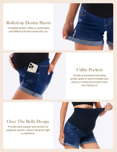 Miniatura 2 de HOFISH Pantalones cortos de mezclilla de maternidad para mujer, elásticos, cómodos, pantalones cortos de mezclilla casuales para entrenamiento