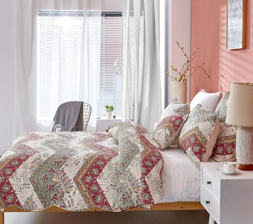 Miniatura 4 de DaDa Bedding - Juego de colcha bohemia acolchada con estampado floral, rústico, rojo arándano, salvia, verde, cheurón, cachemira, filigrana, bordes