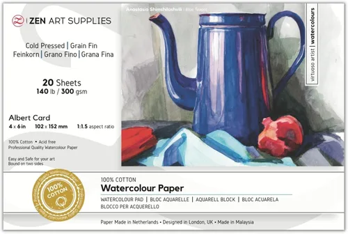 ZenART - Bloque de papel de acuarela de 4 x 6 pulgadas, papel de acuarela 100% algodón, prensado en frío, 140 libras, 300 GSM, sin ácidos, 20 hojas,
