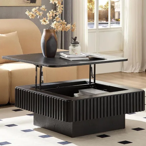 Miniatura 31 de Mesa de Centro Cuadrada de 35.43'' para Sala de Estar Mesa de Centro Acanalada Mesa Central Moderna con Pedestal para Apartamento Negro
