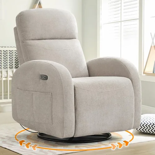 Silla reclinable para guardería, mecedora giratoria eléctrica con puerto USB y tipo C, balancín reclinable giratorio con bolsillos dobles para sala