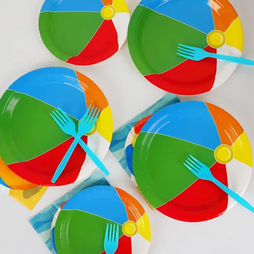 Miniatura 5 de 96 piezas de suministros de fiesta de pelota de playa, juego de vajilla, pelota de piscina de verano, platos y servilletas de fiesta de cumpleaños