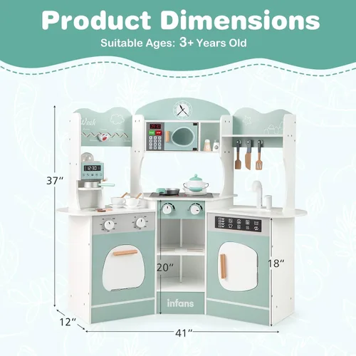 Miniatura 9 de INFANS Juego de cocina esquinera para niños, juego de cocina de madera para niños pequeños con luces, sonidos, máquina de café, lavadora, gabinete