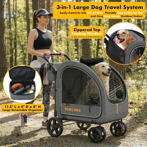 Miniatura 3 de PAWZIDEA Cochecito grande para perros con transportador desmontable, jaula portátil para perros de viaje en automóvil, múltiples cochecitos