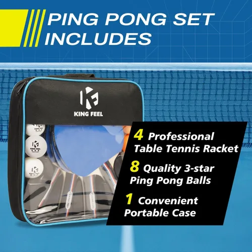 Miniatura 5 de Juego de 4 raquetas de tenis de mesa de alta calidad, pelotas de ping pong de 3 estrellas (8) con estuche de ping-pong, juego profesional de paletas