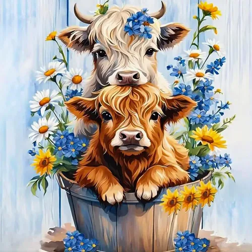 Kits de Arte de Diamantes para Adultos Vaca de las Tierras Altas, Kit de Pintura de Diamantes 5D DIY para Principiantes Flor Margarita, Vaca Taladro