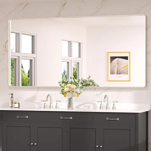 Miniatura 19 de Keonjinn Espejos de baño negros para sobre el fregadero, espejos cuadrados grandes de 36 x 36 pulgadas para pared, espejo rectangular redondeado
