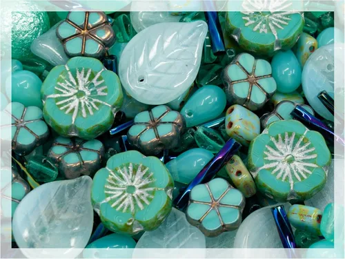 Miniatura 57 de 2.1 oz (60 g) de mezcla de cuentas focales de vidrio con flores, cuentas checas de cristal talla de mesa y pulido con fuego, PG Verde Verde focal