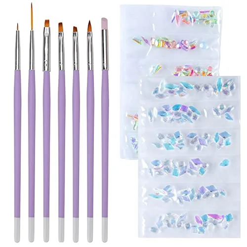7 bolígrafos acrílicos de uñas de gel UV para pintura + 2 paquetes de diamantes de imitación de cristal holográfico AB para manicura, decoración de