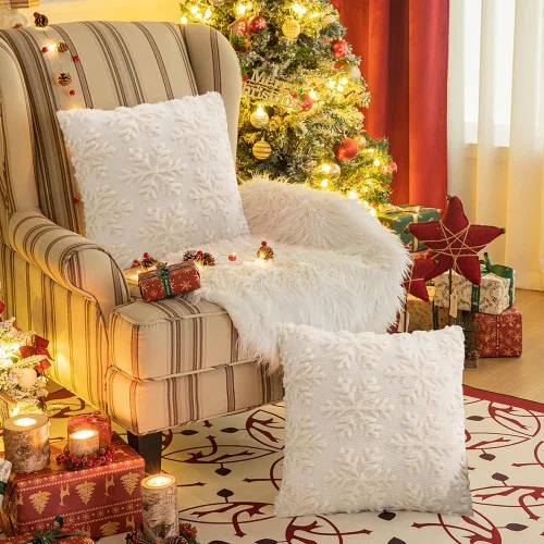 Miniatura 5 de Funda de cojín beige con copo de nieve navideño - 18 x 18 pulgadas de forro de pelo sintético - Juego de 2 fundas de cojín cuadradas bordadas