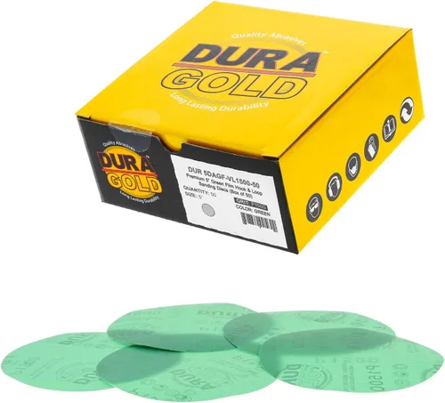 Miniatura 18 de Dura-Gold Discos de lijado de película verde de 5 pulgadas de alta calidad - Grano 80 (caja de 50) - Discos de papel de lija con respaldo de gancho