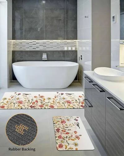 Miniatura 5 de Tapete de baño antideslizante para bañera, diseño de pájaros y flores, de secado rápido y absorbente, de tierra de diatomeas, tapete de cocina