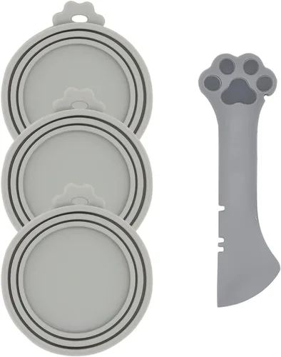 Cuchara para Latas de Comida para Mascotas y 3 Tapas para Latas | Espátula Abridor con Forma de Pata Linda Cuchara para Comida Húmeda de Gato | Gris