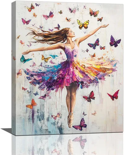 Miniatura 10 de Olivine Arte de Pared de Bailarina, Imágenes de Ballet de Mariposa Decoración de Pared, Impresiones Coloridas en Lienzo de Bailarina, Pintura