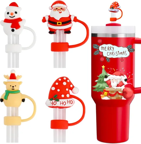 Fundas de paja de Navidad para copa Stanley, 4 adornos de paja de silicona con muñeco de nieve, sombrero de Navidad, reno y Papá Noel
