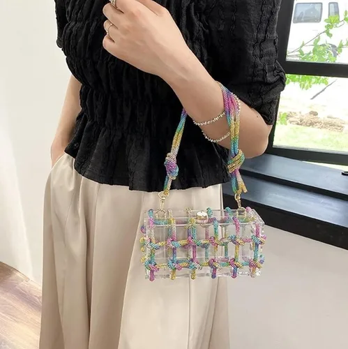 Miniatura 3 de Bolso de acrílico transparente con diamantes de imitación, bolso de mano de noche brillante, bolso anudado adornado con cristal para cóctel, fiesta