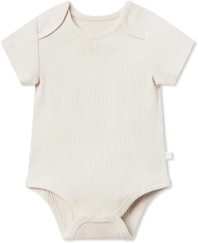 MORI Body de manga corta acanalado para bebé, de algodón transpirable y bambú, unisex, de una pieza, con cuello tipo sobre