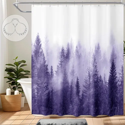 Miniatura 31 de ORTIGIA 36x72 Cortina de ducha de bosque nebuloso para baño pequeño, cortina de ducha estrecha de naturaleza y bosque en blanco y negro con ganchos