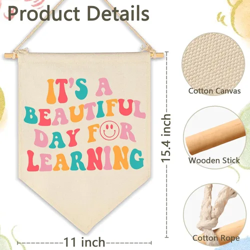 Miniatura 6 de Cartel de pared para aula, regalo para profesores, letrero de sala de lectura, texto en inglés "It's A Beautiful Day for Learning", lienzo