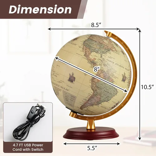 Miniatura 6 de Goplus Globo del mundo iluminado de 8 pulgadas, lámpara de globo iluminado de noche con soporte de madera y mapa HD para adultos, oficina en casa