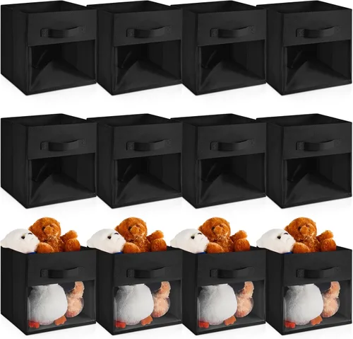 Marsui 12 unidades de cubos transparentes de almacenamiento plegables negros para niños, organizador de aula de tela con ventana para sala de juegos