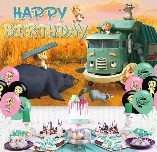 Miniatura 6 de Fondo de fiesta de cumpleaños de camión de basura, decoración y pancarta, accesorios de fondo de fotos para niños y niñas, 5 x 3 pies
