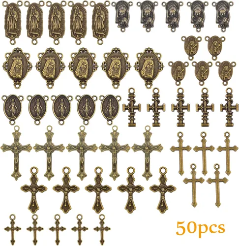 Miniatura 2 de 50 piezas Dijes de Cruz y Centro de Rosario Medalla Milagrosa Colgantes de Crucifijo de Jesús Tibetano Eslabones de Araña Ovalados de Virgen María
