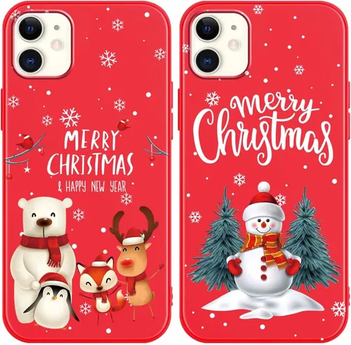 Miniatura 10 de Paquete de 2 bonitas fundas de Navidad para iPhone de 13/14 pulgadas, diseño de muñeco de nieve rojo, diseño de animales de Feliz Navidad, silicona