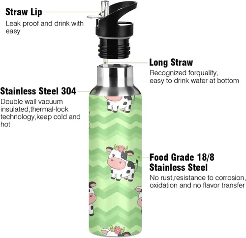 Miniatura 3 de Stainless Steel Vacuum Insulated Water Bottle 20 Oz, Leakproof Water Bottles for Gym Outdoor Travel School, Cute Cartoon Cows Green
