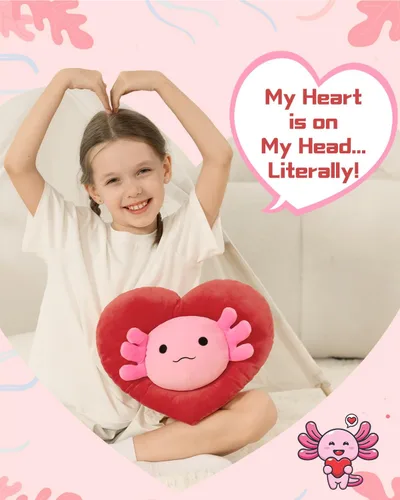 Miniatura 2 de MaoGoLan Peluche de ajolote de San Valentín con capucha en forma de corazón, almohada de peluche de salamandra blanda y suave, regalo de peluche